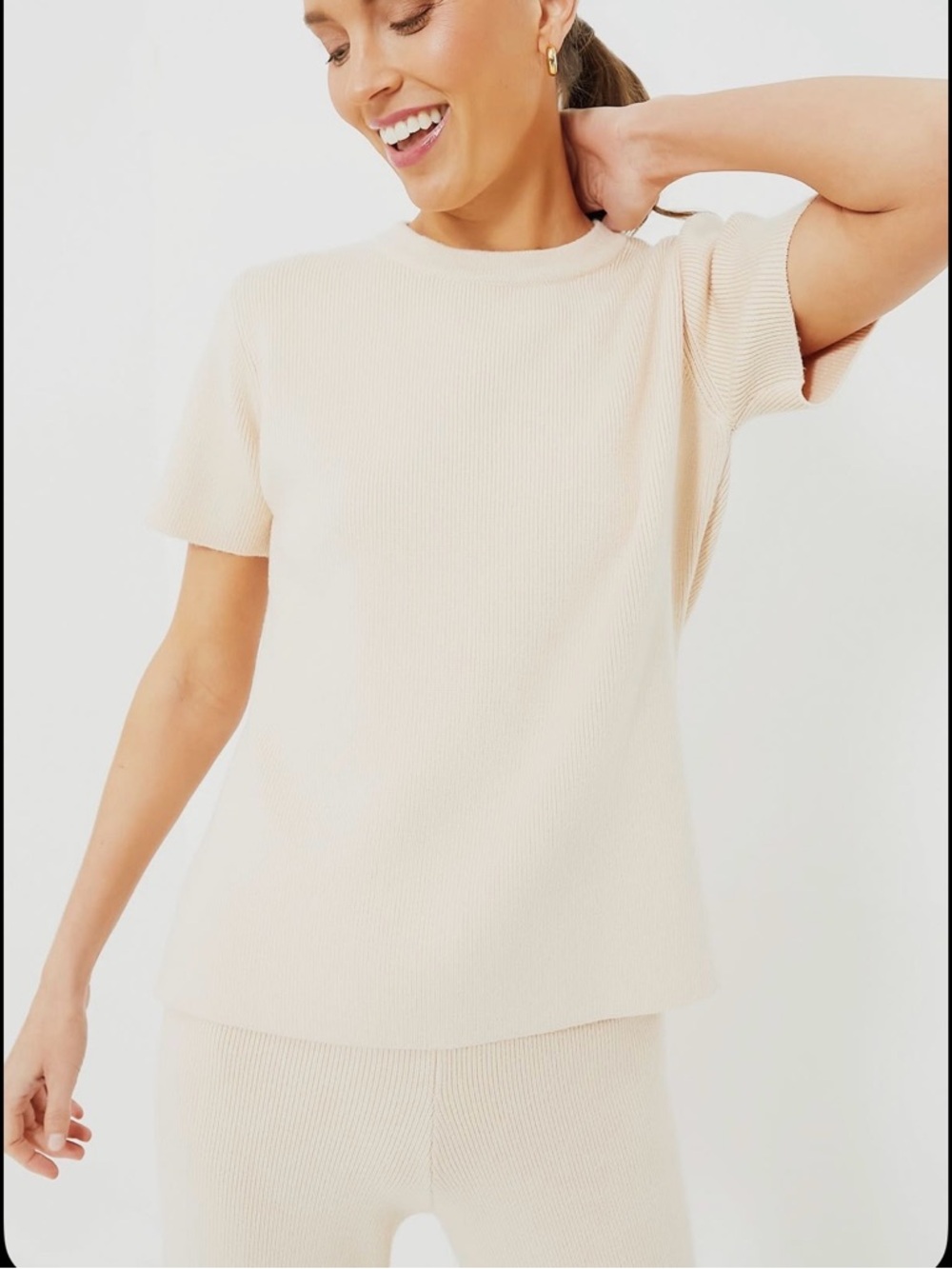 Tuckernuck Cream Short Sleeve Ribbed Knit Top